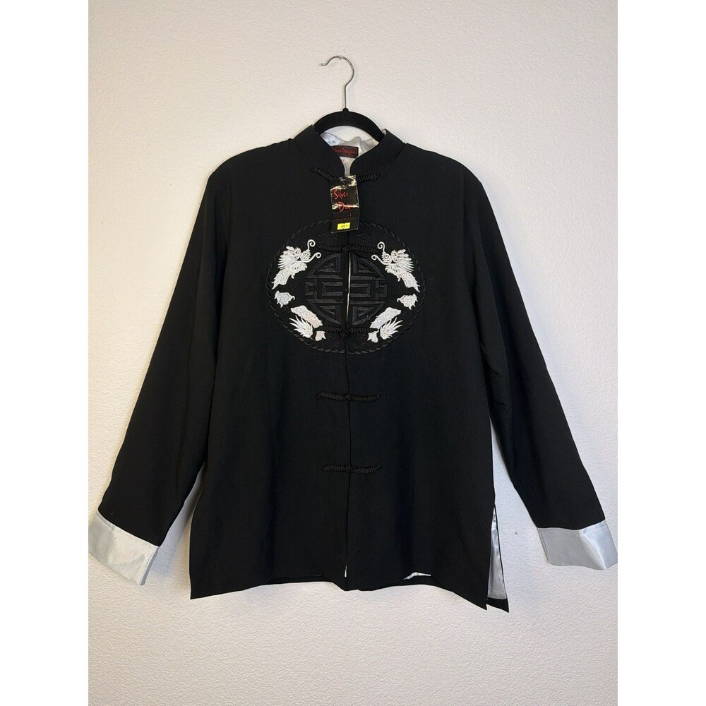 Silver Dragon Tang Jacket M Black Embroidered Mandarin Collar Frog Closure